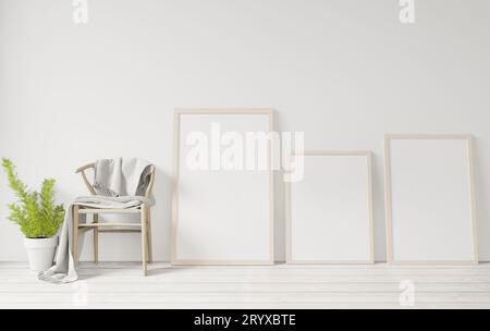 3d rendering white Poster frame mockup on the wooden floor Stock Photo