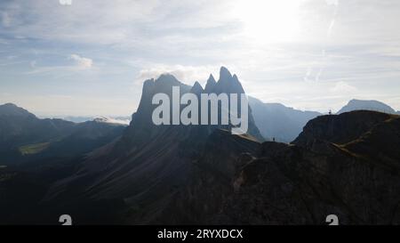 Photo taken with a Dhi Mavic air 2s of Seceda Mountains in Italian Dolomites during sunrise. Stock Photo