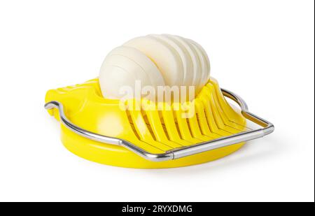 Boiled egg in the egg slicer. Stock Photo