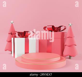 3D rendering white and red square gift box and metallic pink golden bow-ribbon concept Stock Photo
