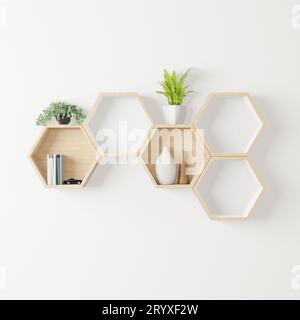 Wooden Hexagon shelf little tree Stock Photo