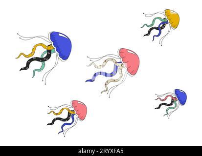 Swarm jellyfish swimming together 2D linear cartoon object Stock Vector