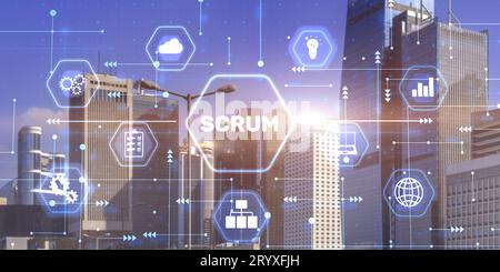 Scrum process software development outline concept. City background. Stock Photo