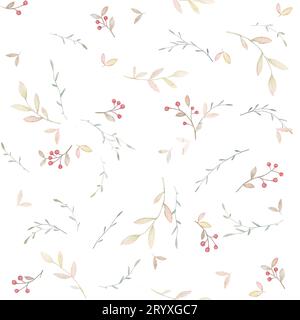 Red Berries Pattern, Branches Pattern, Fall Pattern, Watercolor Seamless Pattern, Forest Pattern Illustrations Stock Photo