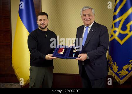 Kyiv, Ukraine. 02nd Oct, 2023. Ukrainian President Volodymyr Zelenskyy, left, presents the Order of Prince Yaroslav the Wise III class to Italian Minister of Foreign Affairs Antonio Tajani, right, following a meeting of the European Union Council of Foreign Ministers, October 2, 2023 in Kyiv, Ukraine. Credit: Ukraine Presidency/Ukrainian Presidential Press Office/Alamy Live News Stock Photo