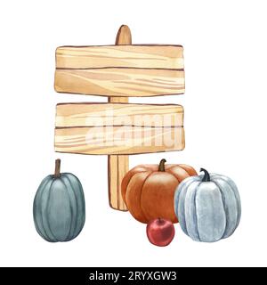 Watercolor the wooden street signs guidepost with realistic pumpkin ...