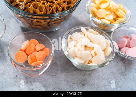 Easter Chocolate Covered Pretzel Bunnies and Ducklings Stock Photo