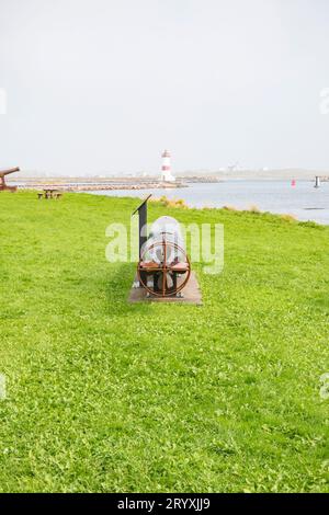 Torpedo aimed at Pointe aux Canons lighthouse in St. Pierre, France Stock Photo