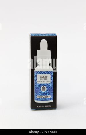 CBD (Cannabidiol) Liquid Drops in a Bottle Containing Terpenes for Sleep. Stock Photo