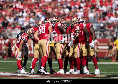 Oct 1, 2023; Santa Clara, CA, USA;  San Francisco 49ers huddle before the start of the first quarter against the Arizona Cardinals at Levi’s Stadium.  (Stan Szeto/Image of Sport) Stock Photo