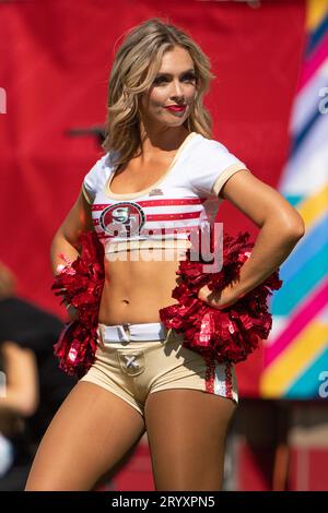 Oct 1, 2023; Santa Clara, CA, USA;  San Francisco 49ers cheerleader poses during the first quarter against the Arizona Cardinals at Levi’s Stadium.  (Stan Szeto/Image of Sport) Stock Photo