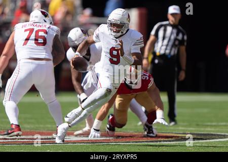 Oct 1, 2023; Santa Clara, CA, USA;  Arizona Cardinals quarterback Joshua Dobbs (9) during the second quarter against the San Francisco 49ers at Levi’s Stadium.  (Stan Szeto/Image of Sport) Stock Photo