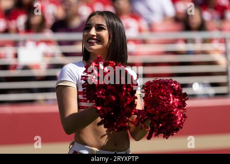 Oct 1, 2023; Santa Clara, CA, USA;  San Francisco 49ers cheerleader smiles during the second quarter against the Arizona Cardinals at Levi’s Stadium.  (Stan Szeto/Image of Sport) Stock Photo