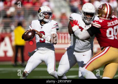 Oct 1, 2023; Santa Clara, CA, USA;  Arizona Cardinals quarterback Joshua Dobbs (9) throws the Football during the third quarter against the San Francisco 49ers at Levi’s Stadium.  (Stan Szeto/Image of Sport) Stock Photo