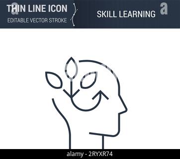 Symbol of Skill Learning Thin line Icon of Brain Process. Stroke Pictogram Graphic Suitable for Infographics. Editable Vector Stroke. Premium Mono Lin Stock Vector