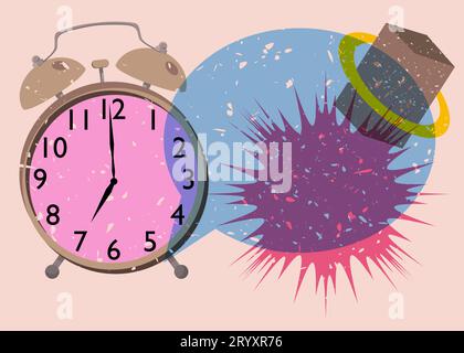 Risograph alarm clock wirh speech bubble and geometric shapes. Waking up early morning concept with objects in trendy riso graph design, print texture Stock Vector