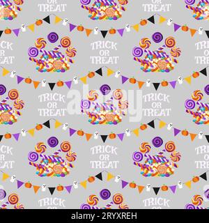 Halloween background with holiday treats, candies, garland with flags, pumpkins and ghosts. Seamless Halloween pattern. For wallpaper, gift paper, fab Stock Vector