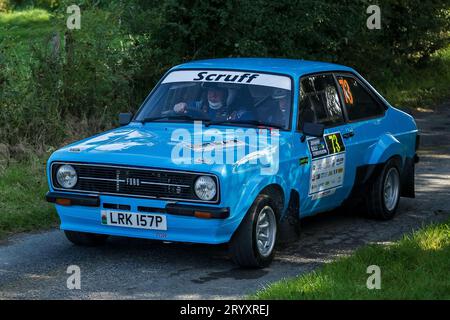Ceredigion, Wales  - 02 September 2023 Rali Ceredigion: Phil Jones and Co-Driver Anthony Litchfield in a Ford Escort car 73 on stage SS1 Borth 1   Wal Stock Photo