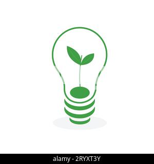 Green eco energy logo. Light bulb with leaves. Save the planet concept. Vector illustration isolated on white background. Stock Vector