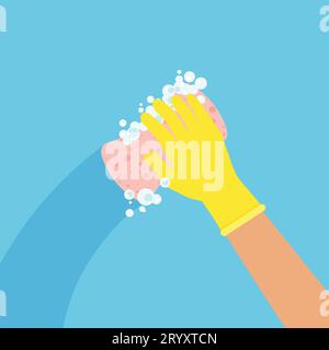 Houseworker wipes the surface. Hand with sponge in a protective rubber yellow glove. Cleaning and disinfection. Vector illustration in a flat style. Stock Vector
