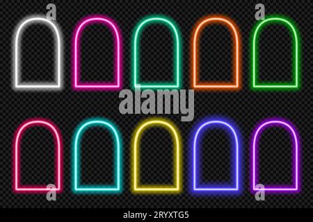Neon shape Islamic door and window silhouette Glowing arabic arch. Collection of light portal in oriental style. Frames in Arabic Muslim design for Stock Vector