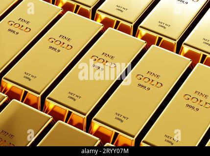 Fine gold bars in the safety vault. Business economic and financial concept. 3D illustration rendering Stock Photo