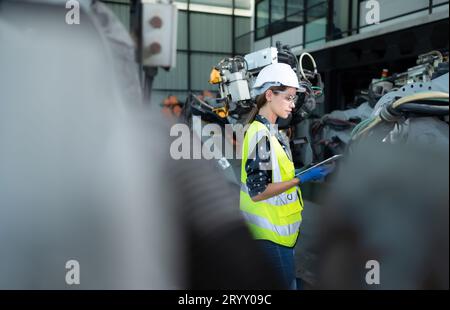 A female engineer installs a program on a robotics arm in a robot warehouse. And test the operation before sending the machine t Stock Photo
