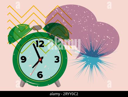 Risograph alarm clock wirh speech bubble and geometric shapes. Waking up early morning concept with objects in trendy riso graph design, print texture Stock Vector