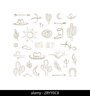 Hand Drawn boho wild west elements in square frame. Banner with animals, birds, arrows, plants, symbols. Stock Vector