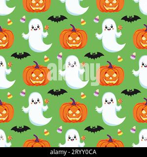 Halloween background with cute ghost, candy, jack o lantern, bat. Seamless childrens pattern. For wallpaper, gift paper, fabric, holiday decoration, g Stock Vector
