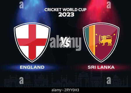 England vs Sri Lanka international cricket flag badge design on Indian skyline background for the final World Cup 2023. EPS Vector for a sports match Stock Vector