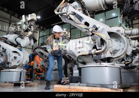 A female engineer checking documented items after installing a program on a robotic arm in a robotic warehouse and test the oper Stock Photo