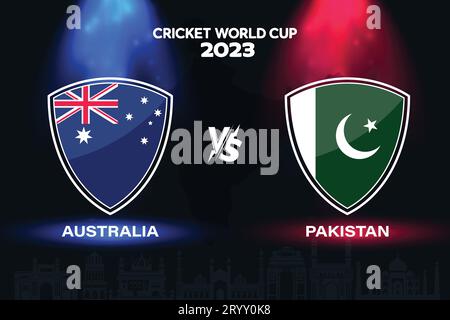 Australia vs Pakistan international cricket flag badge design on Indian skyline background for the final World Cup 2023. EPS Vector for a sports match Stock Vector