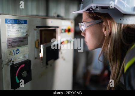 The electronic circuit board used to control the operation of the robotics arm. It is a artificial intelligence that engineers h Stock Photo