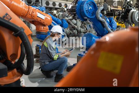 A female engineer installs a program on a robotics arm in a robot warehouse. And test the operation before sending the machine t Stock Photo