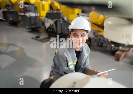 A female engineer installs a program on a robotics arm in a robot warehouse. And test the operation before sending the machine t Stock Photo