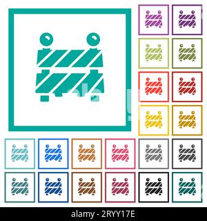 Road barrier flat color icons with quadrant frames on white background Stock Vector