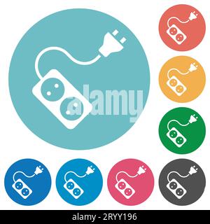 Portable electrical outlet with two sockets and extension cord and plug solid flat white icons on round color backgrounds Stock Vector