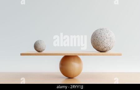 Wooden scale balancing with one big ball and one small ball. Harmony and balance concept. 3D illustration rendering Stock Photo