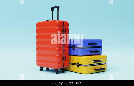 Colorful trolley suitcases on light blue background. Travel object and wanderlust concept. 3D illustration rendering Stock Photo