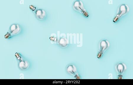 Minimal LIghtbulbs on blue pastel background. Abstract pattern wallpaper and Technology concept. 3D illustration rendering Stock Photo