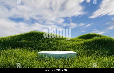 White minimal podium in green grassland with blue sky background. Nature concept. 3D illustration rendering Stock Photo