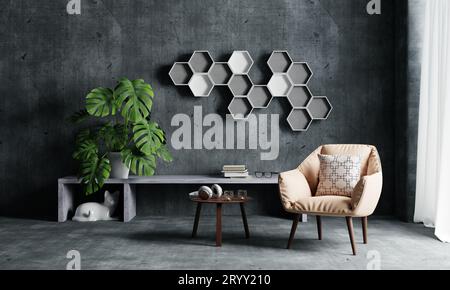 Living room with armchair sofa and Monstera plant and hexagonal book shelf on loft wall background. Interior and architecture co Stock Photo