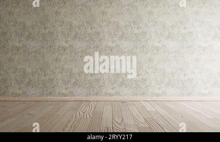 Empty room with wooden floor and raw concrete wall in dark tone vintage style background. Interior architecture and construction Stock Photo