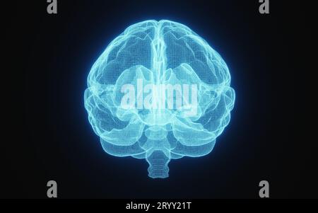 Glowing X-ray image of human brain in blue wireframe on isolated black background. Science and medical concept. In front of brai Stock Photo