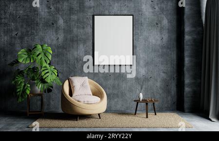 Living room with hanging white isolated empty mockup photo frame on loft wall background. Interior and architecture concept. 3D Stock Photo