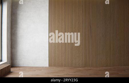 Empty room with concrete cement wall and wood panels wall background. Architecture and interior concept. 3D illustration renderi Stock Photo