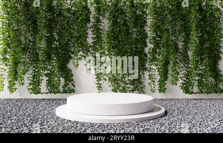 Round cylinder product stone podium in backyard garden with vine Virginia creeper on white concrete wall background. Exterior na Stock Photo