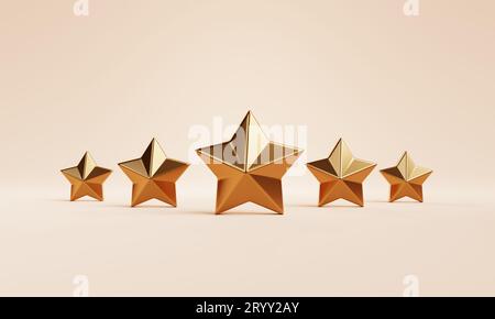 Five golden stars feedback rank vote on orange background. Opinion and marketing survey concept. 3D illustration rendering Stock Photo