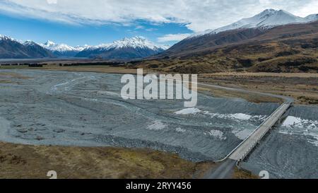 Aerial photograph of the braided river flowing through the valley in the Hakatere conservation park Stock Photo